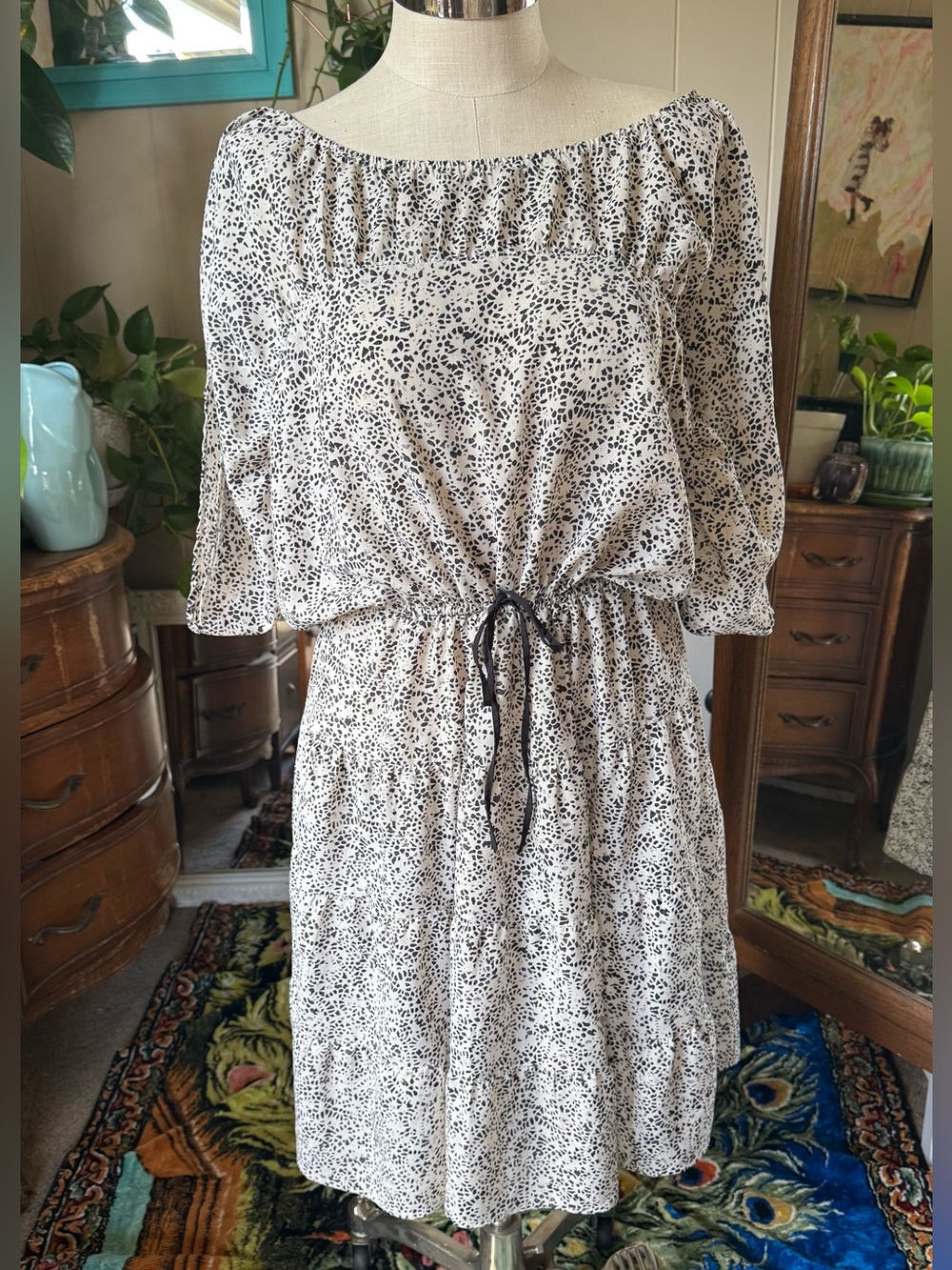 Ann Taylor LOFT Black/white Lace Print Tiered Midi Dress, Size L